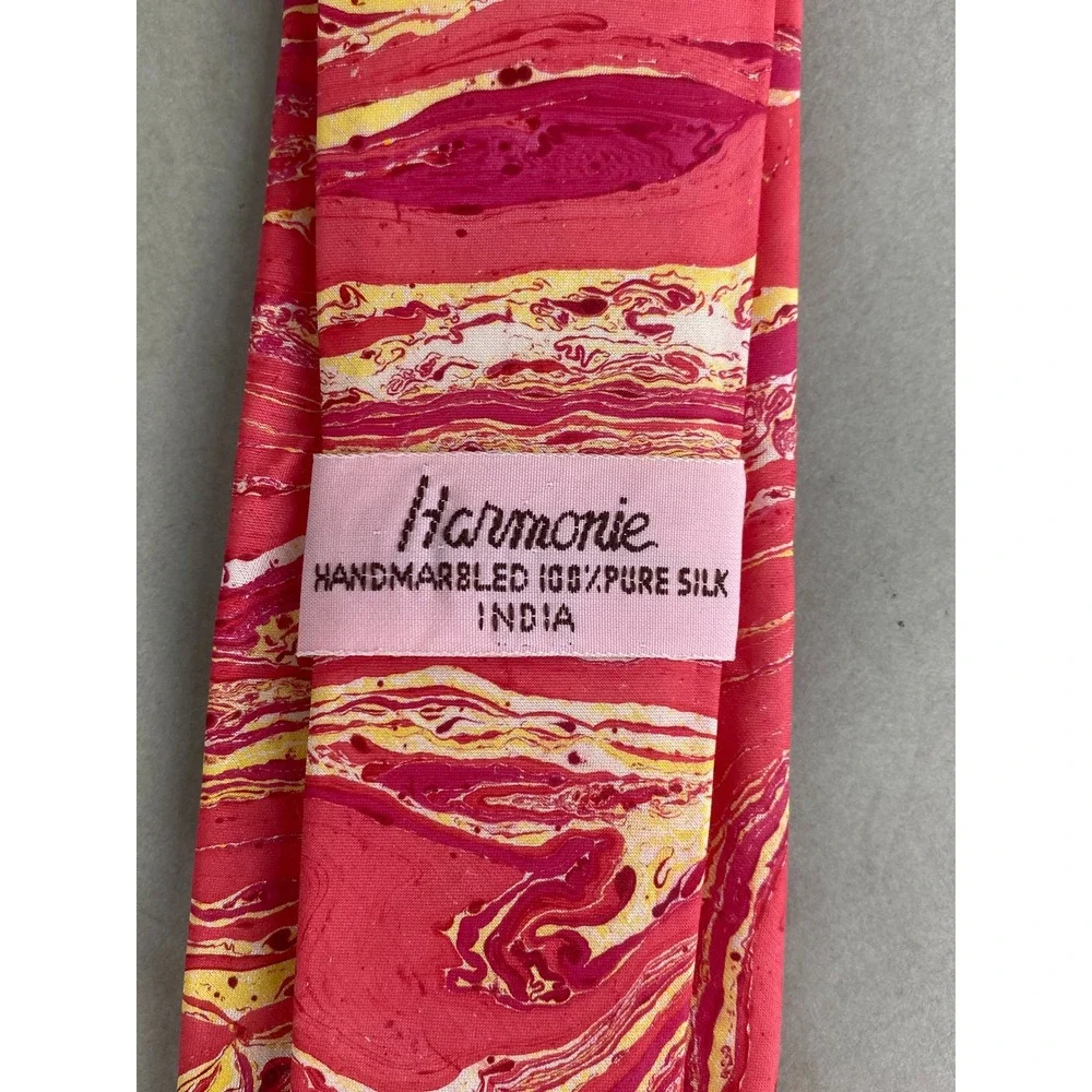 VTG Harmonie Sri Aurobindo Ashram Pure Silk Tie Hand Marbled Pink Gold 58x3